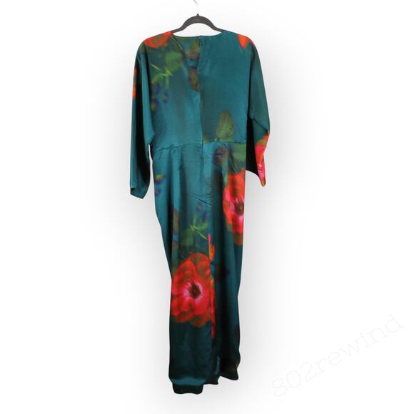 Sz 8 FIGUE Kyle Dress Floral Teal V-Neck Midi Dolman/Kimono TwistFront Satin NEW - Picture 11 of 16
